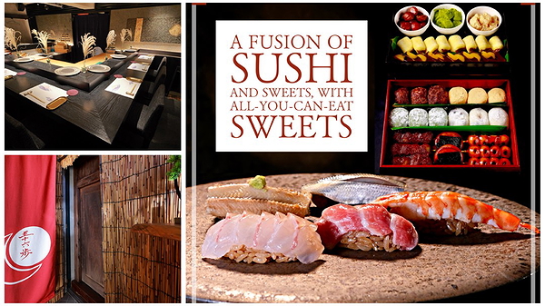 Sushi and dessert fusion restaurant interior and food presentation