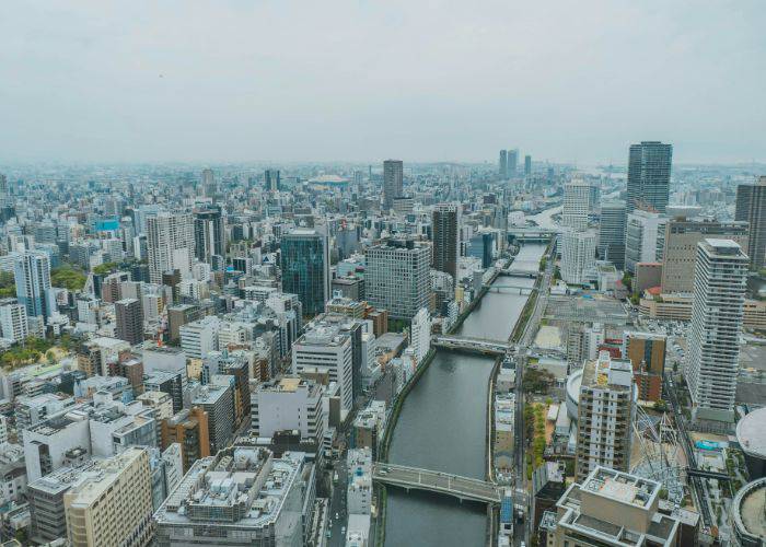 Looking out over the city of Osaka from high in the sky.