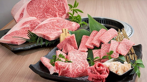 Premium cuts of marbled Wagyu beef on a restaurant platter