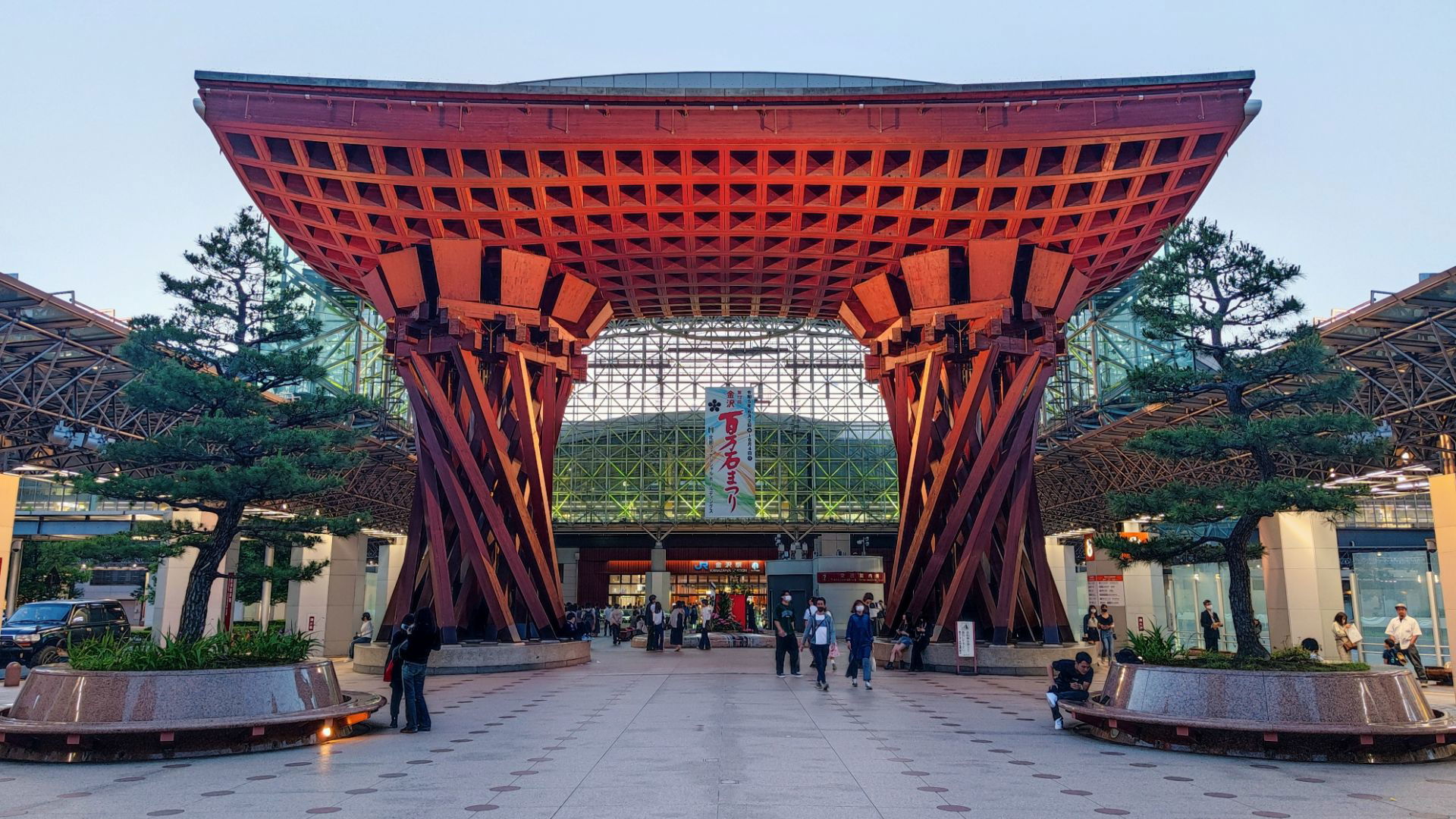 Iconic Tsuzumi Gate at Kanazawa Station, evening view