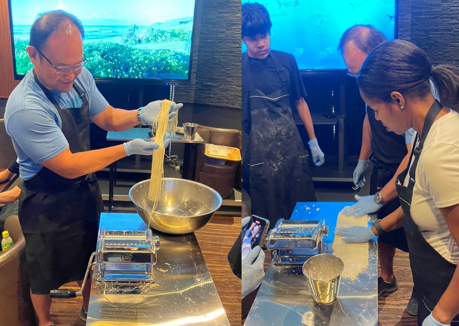 Guests working hard at making ramen in an Akihabara cooking class.