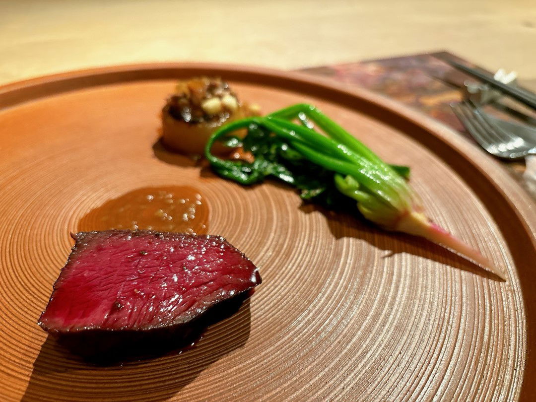 A thick cut of wild game meat on a stylish serving plate at Tresonnier (River Retreat Garaku).