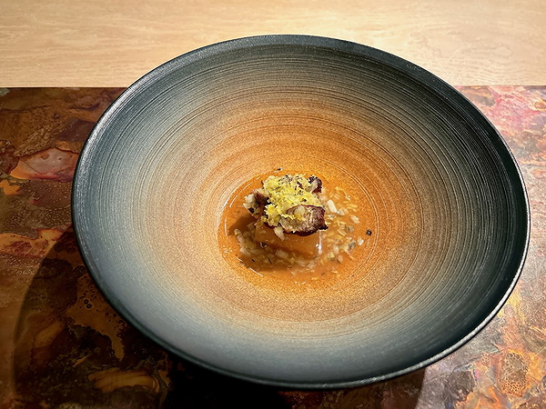Gourmet dish in an elegant dark gradient bowl