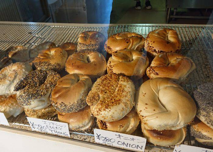 A close-up of the bagels on offer at Maruichi Bagel.