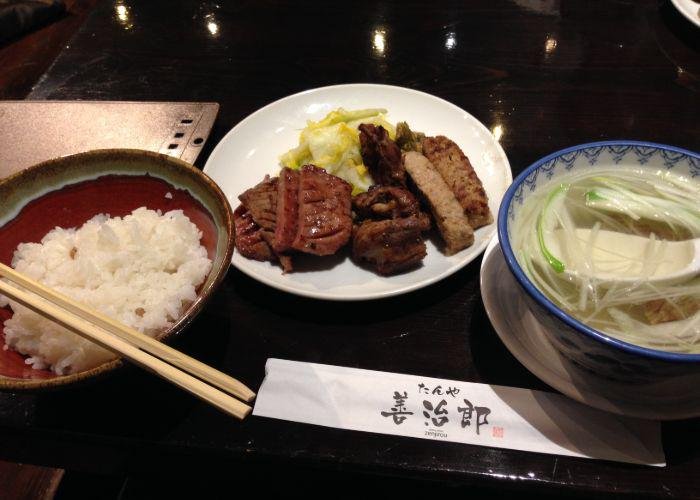 Miyagi set meal bowl of rice, gyutan and a bowl of soup