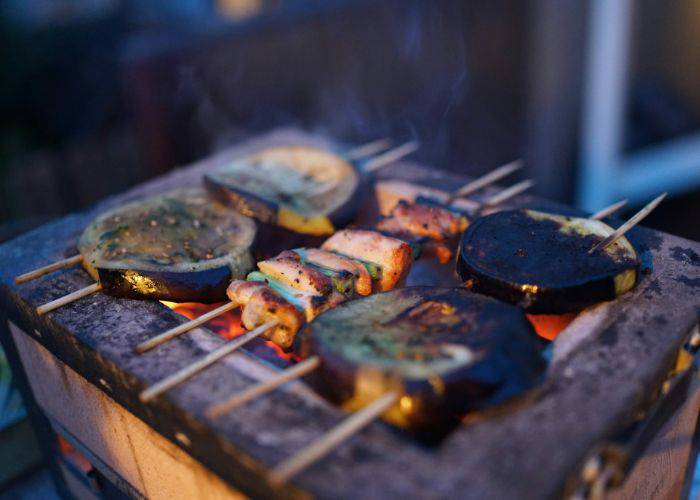 Vegetables and meat grilling on an American hibachi grill.