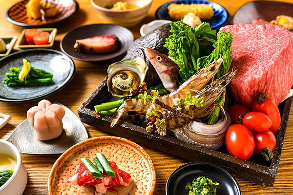 Sumptuous culinary display with fresh seafood and vegetables