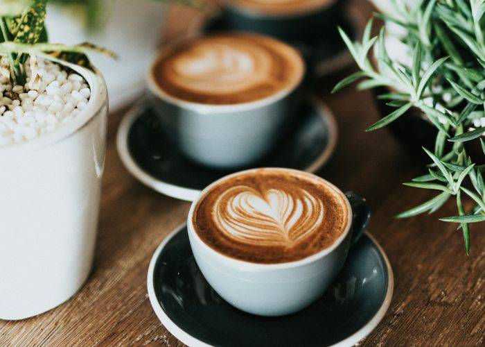 Latte art on top of two coffees, surrounded by fake plants.