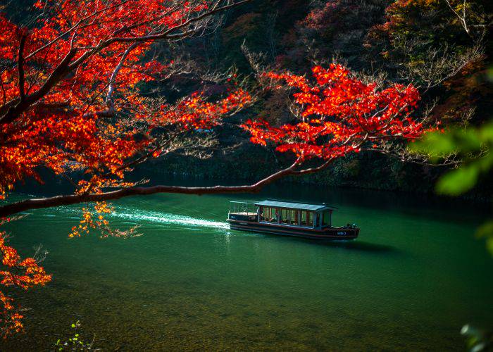 A yakatabune floating down a river in Arashiyama, framed by red maple leaves.