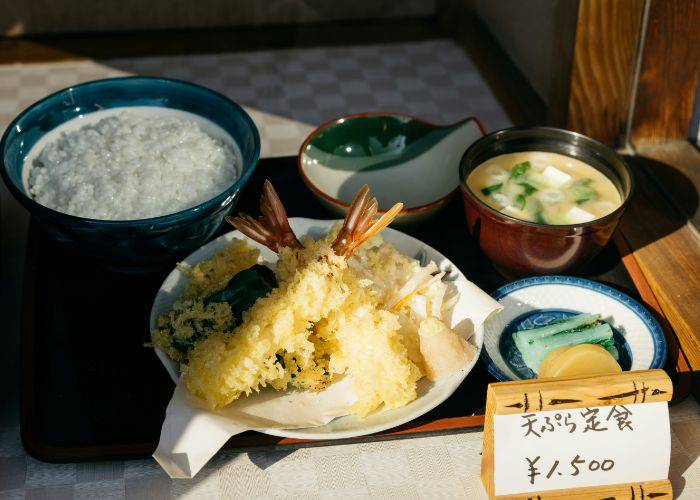 A fake tempura set, featuring ebi tempura, miso soup and rice.