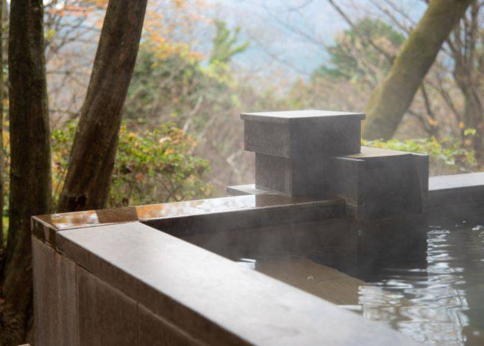 A steaming hot spring looking out in nature.