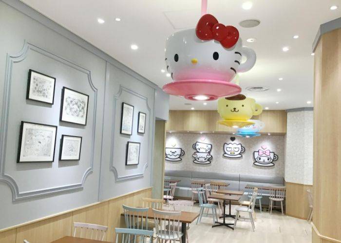 Inside the Sanrio Cafe in Ikebukuro, featuring decor in the style of their famous characters, including Hello Kitty.