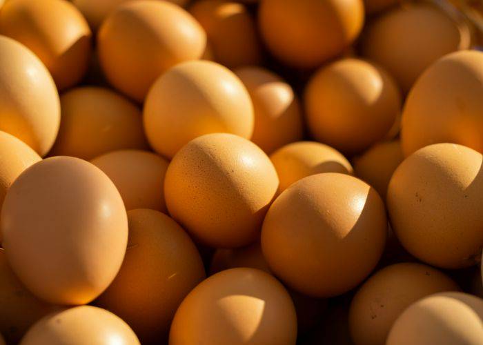 A collection of many brown eggs.