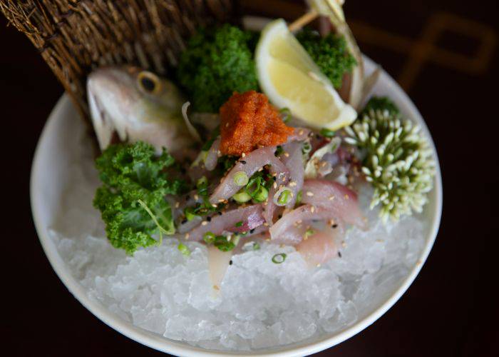 Seki saba sashimi, resting on a bed of ice.