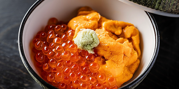 Gourmet sea urchin and salmon roe bowl with wasabi garnish