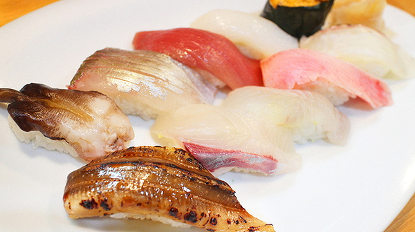 Assorted fresh sushi platter at a Japanese restaurant