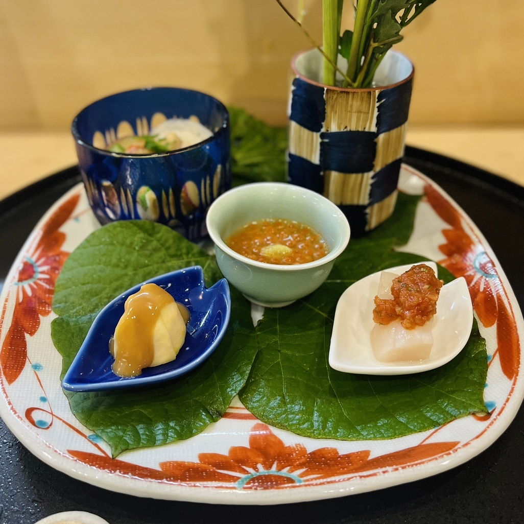 A selection of appealing dishes at Unagiya, served on unique, eye-catching tableware.