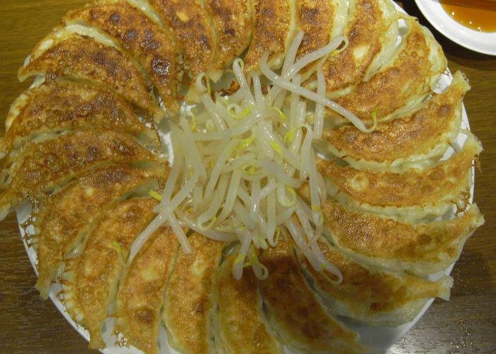 A plate of crispy gyozas in a circle with a bunch of beansprouts on top