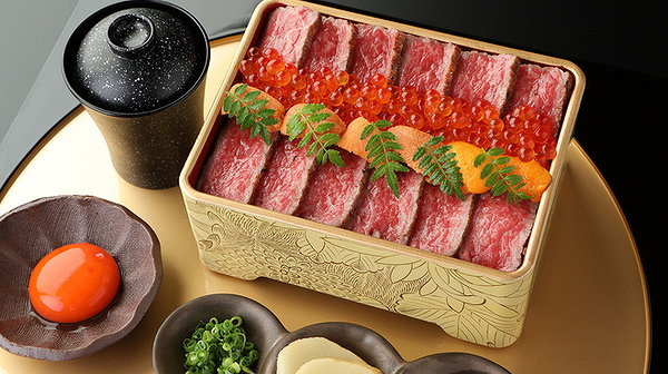 Gourmet bento with wagyu beef and seafood delicacies