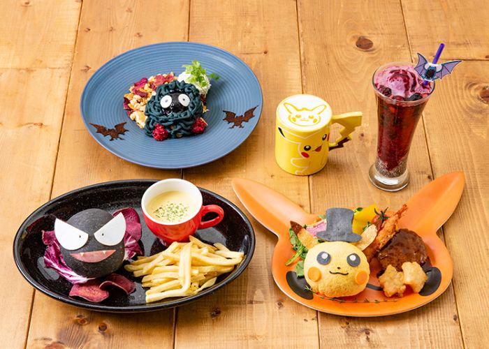 Several Pokemon-themed foods from the Pokemon Cafe, such as Pikachu-shaped omurice and Pikachu latte