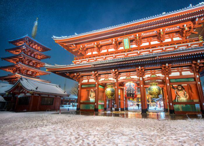 Sensoji Temple during the winter, made even more beautiful with fallen snow.