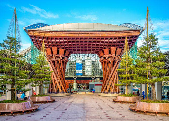 The iconic landmarks of Kanazawa Station on a sunny day.