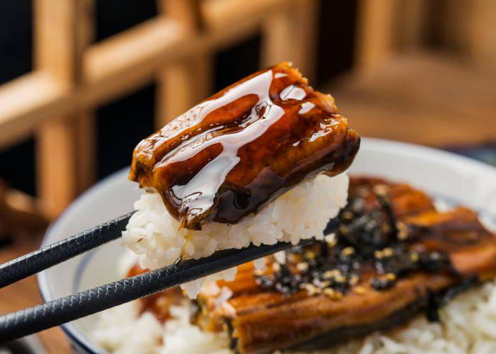 A mouthful of unagi eel and white rice, glossy with sauce.