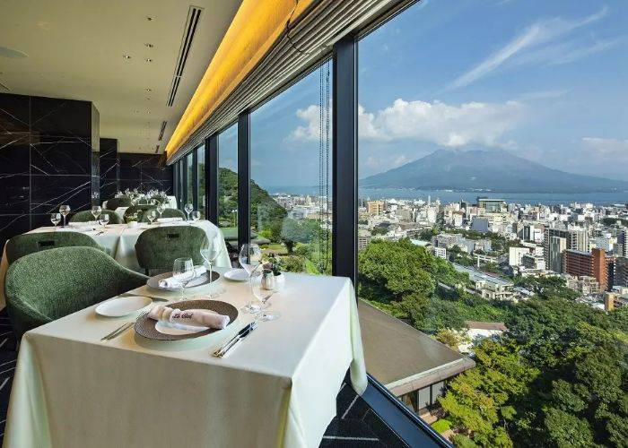 The breathtaking views of Le Ciel, looking out over Kagoshima with Sakurajima in the distance.