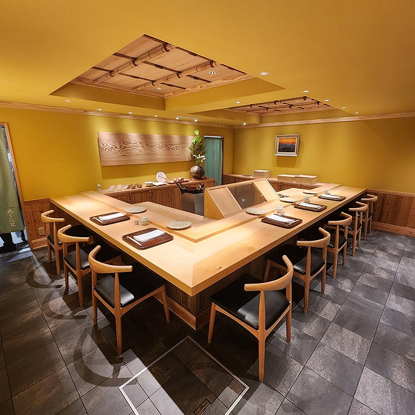 Elegant restaurant interior with wooden seating arrangement