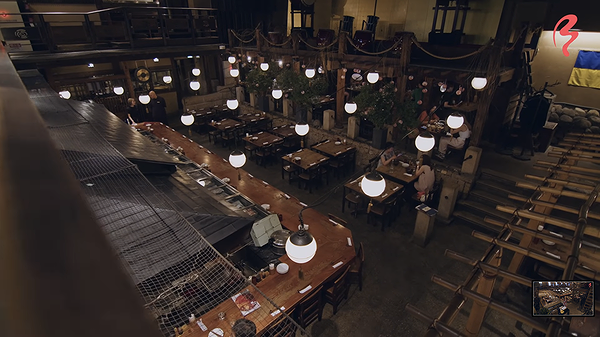 Cozy rustic restaurant interior with warm lighting and wooden decor