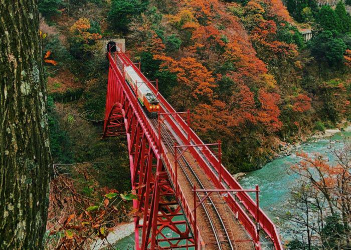 A train passing over the famous red bridge of Kurobe Gorge.