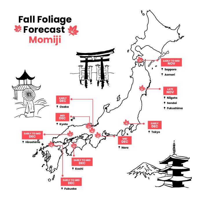 A map that shows when Japan's fall momiji leaves will be at their best.