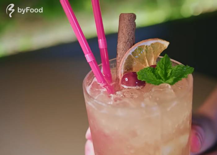 A modern twist on a classic with Seiryu’s Old Fashioned, topped with fruit and pink straws.