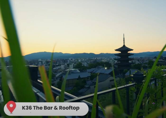 The panoramic views of K36 The Bar & Rooftop, looking over Kyoto at sunset.
