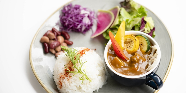 Colorful curry dish with rice, vegetables, beans, and salad