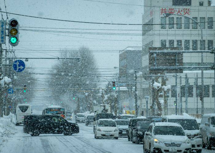 The roads of Hokkaido in the winter; snow is gently falling on cars.