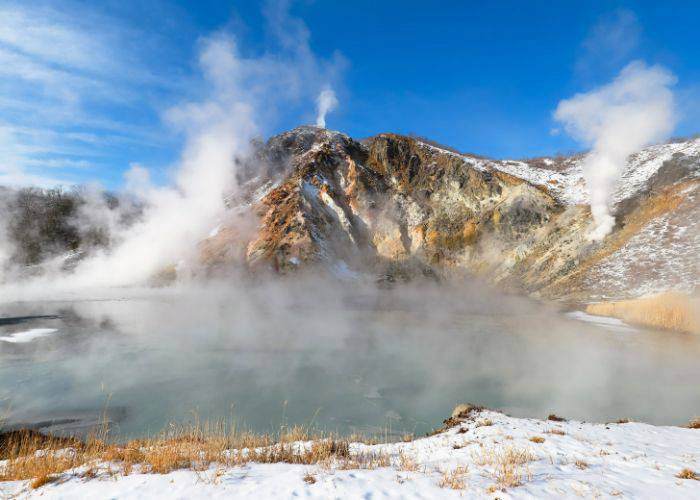 The steaming hot spring waters of Noboribetsu Onsen in Hokkaido.