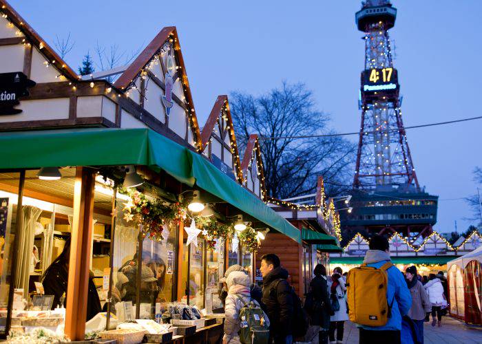 The famous German Christmas Market in Sapporo, bringing festive scenes to Odori Park.