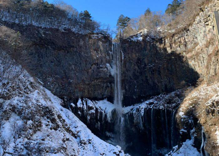 Looking up at the natural beauty of Kegon Falls, one of Nikko's famous waterfalls.