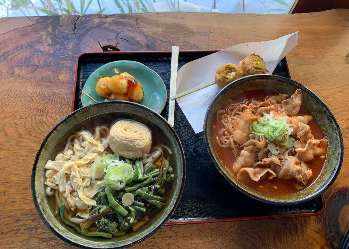 Two warming dishes from Cafe Ryuzu no Chaya: Niku soba and yuba soba, topped with tofu skin.