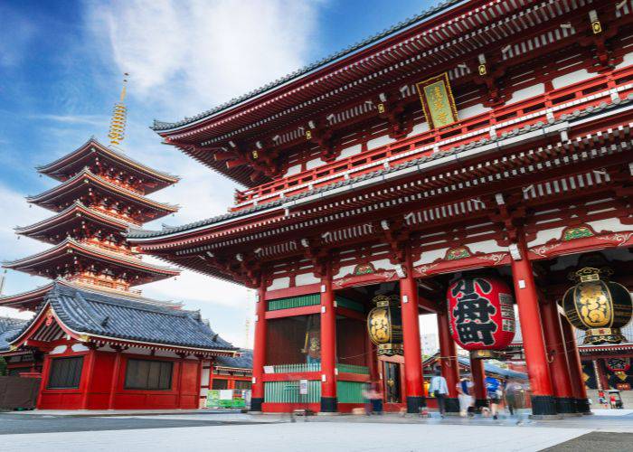 The iconic landmarks of Asakusa: Senso-ji Temple and its five-story pagoda.