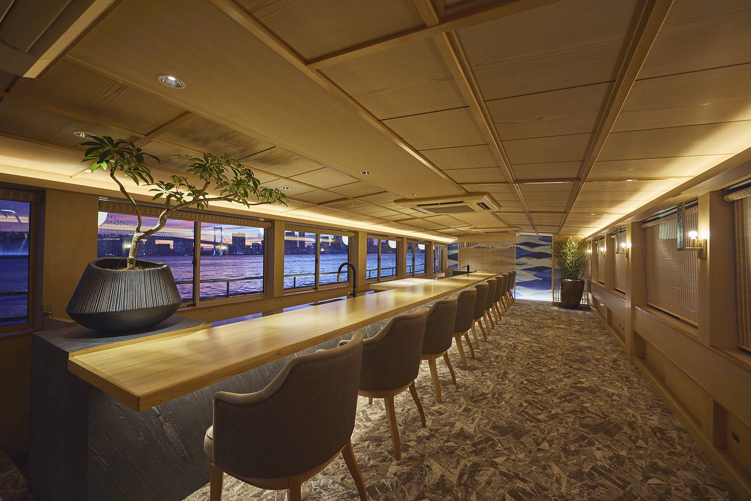 The luxurious interiors of a Tokyo Bay cruise.