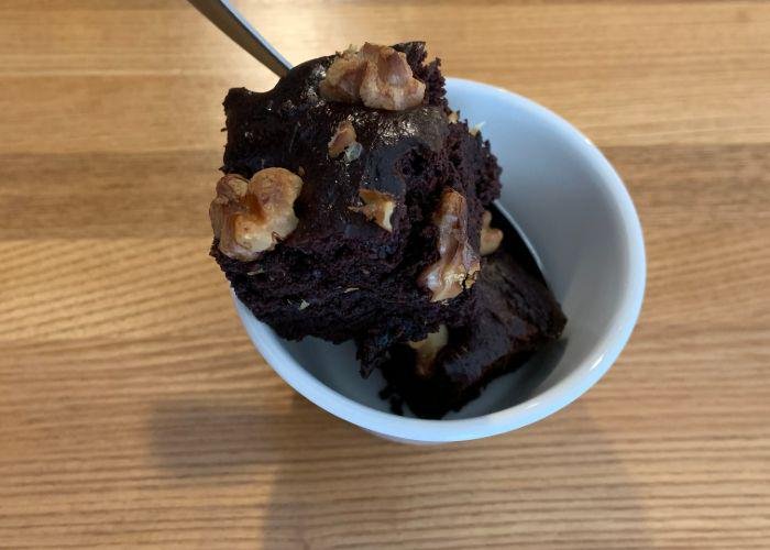 Vegan chocolate brownies from Kuppila for dessert, with large chunks of walnut