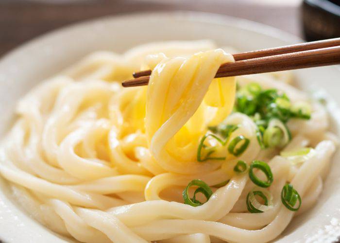 A bowl of fresh, chewy udon noodles, as might be served at Udon Shin.