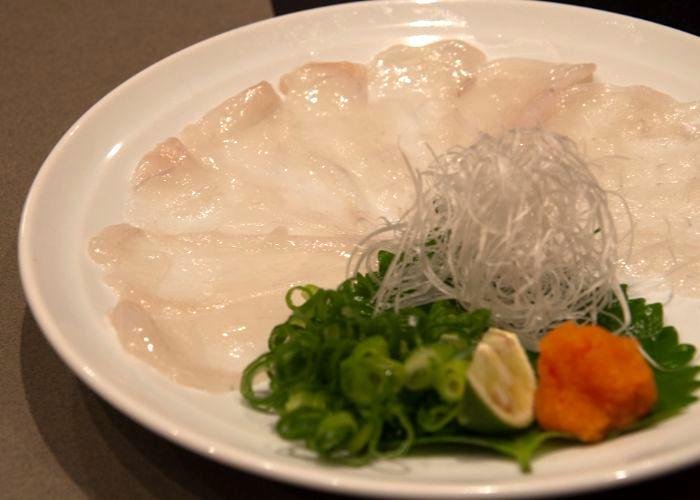 Platter of fugu sashimi, pufferfish sashimi from Guenpin Fugu