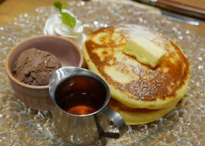 Gluten-free pancakes, served with ice cream and maple syrup at Route 227’s Cafe TOHOKU.