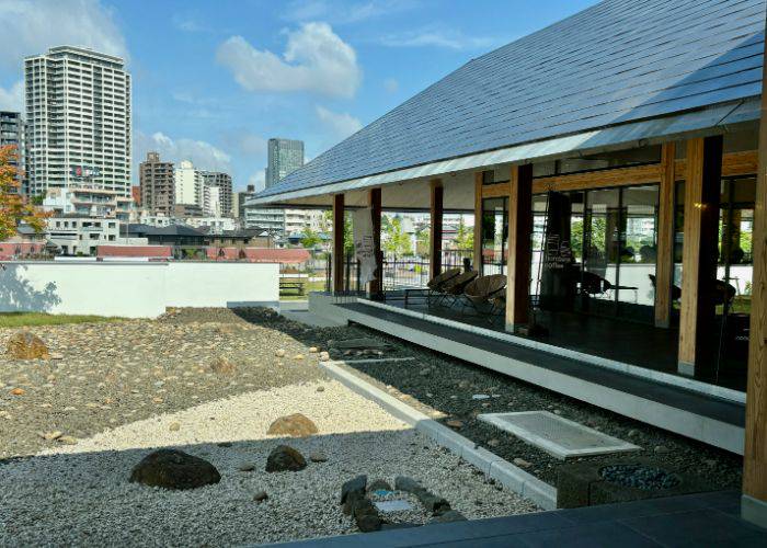 The exterior of Cafe noaddress, showing its enviable views over Sendai.