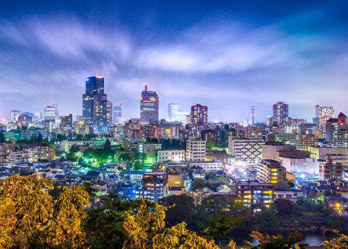 Looking out over Sendai at night, lit up against the night sky.