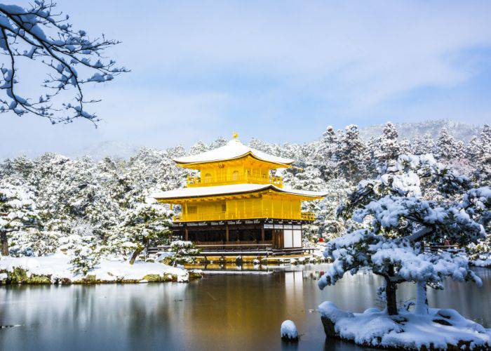 The gold-plated vision of Kinkaku-ji Temple in Kyoto, made even more striking within the snow.