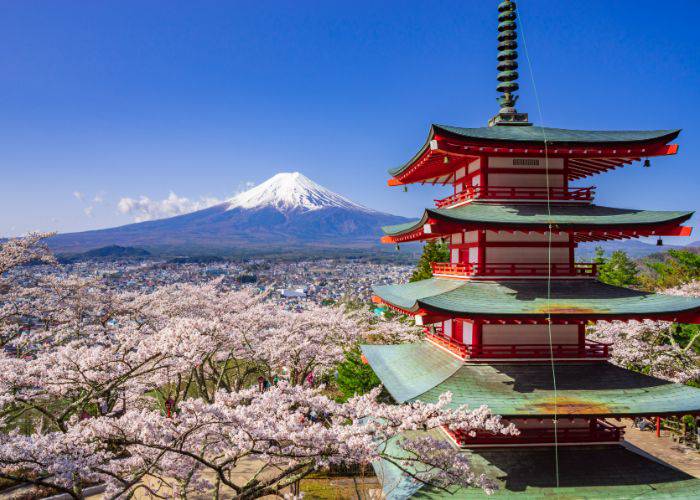 The famous Arakura Fuji Sengen Shrine, featuring a tiered pagoda against the iconic Mt. Fuji.